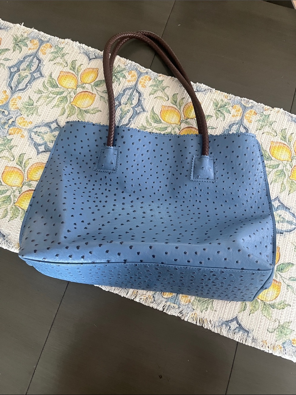 Perforated Blue Tote with Brown Handles